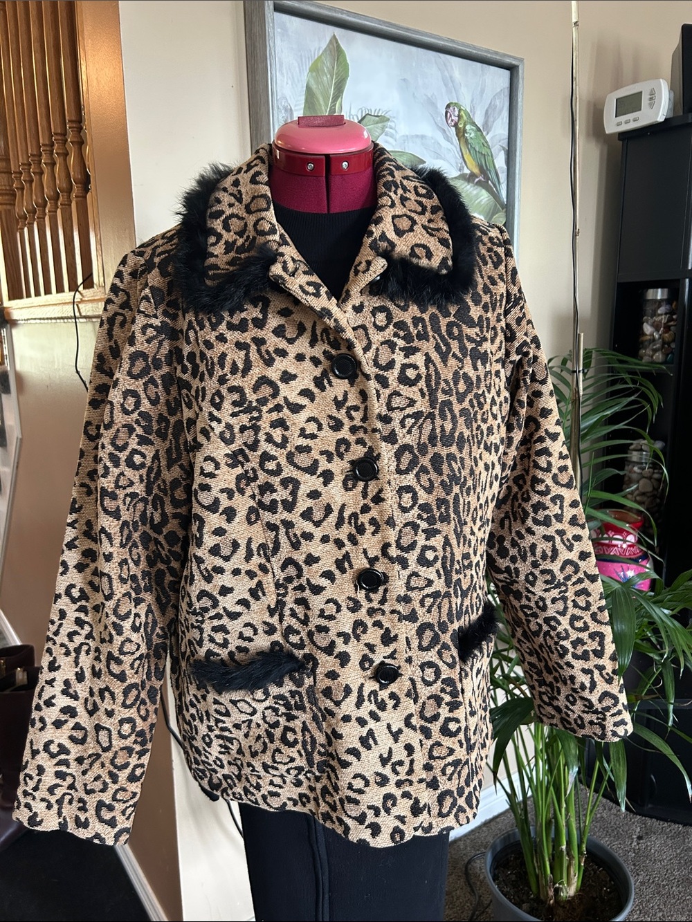 Leopard Print Faux-Fur Trim Pea Coat - Tan/Black